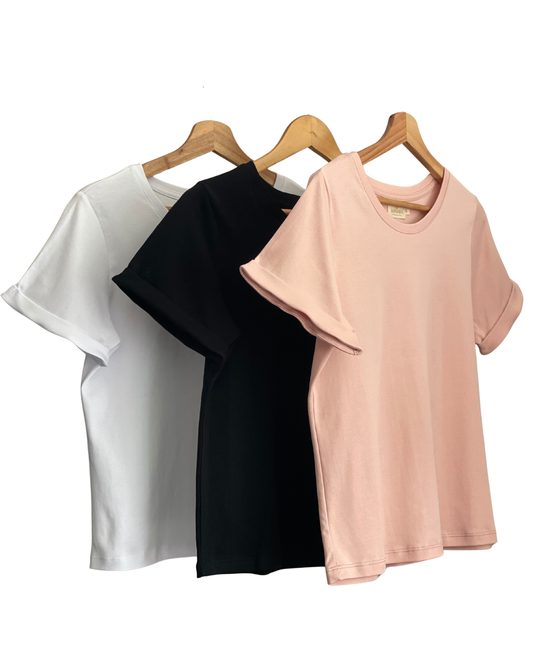 PACK 3 POLOS ARIA -  BLANCO, NEGRO y ROSADO PASTEL