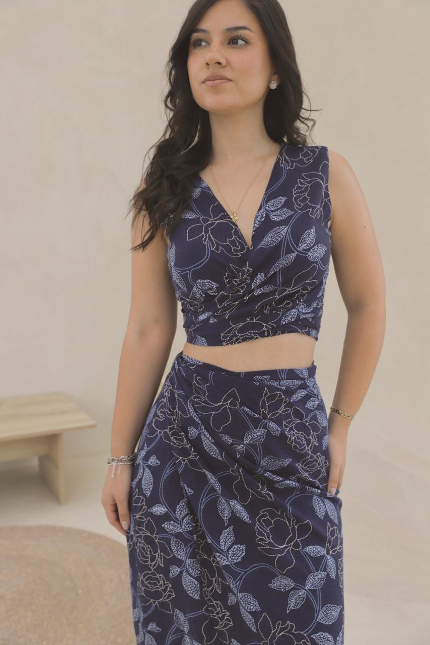 SET FALDA HALI / BLUSA SIRENA - AZUL FLOREADO