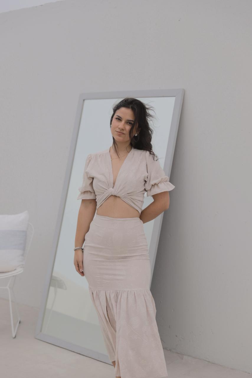 SET FALDA SIRENA / BLUSA HALI - BEIGE FLOREADO